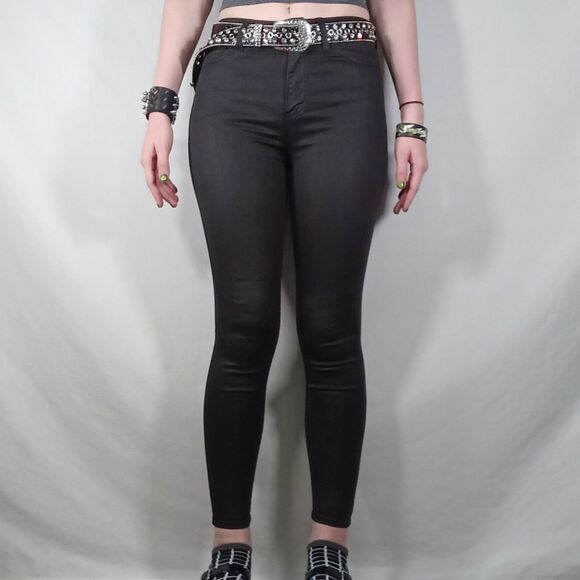 Waxed Look Shiny High Waisted Skinny Jeans - Picture 1 of 13